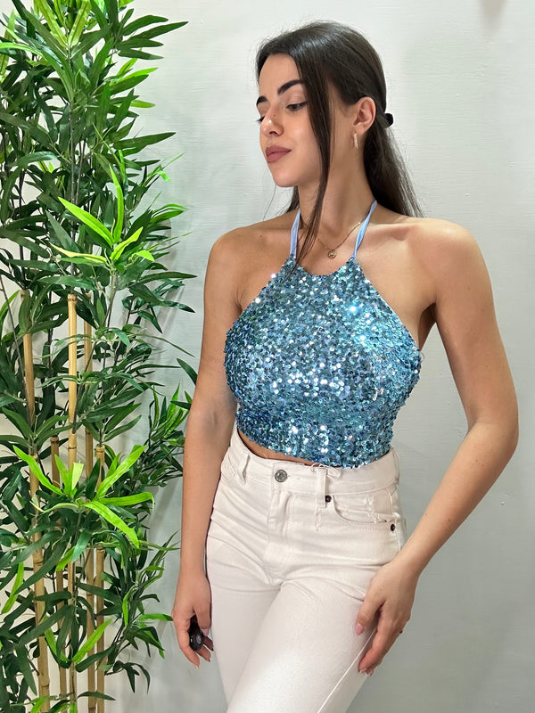 Top crop azzurro con paillettes